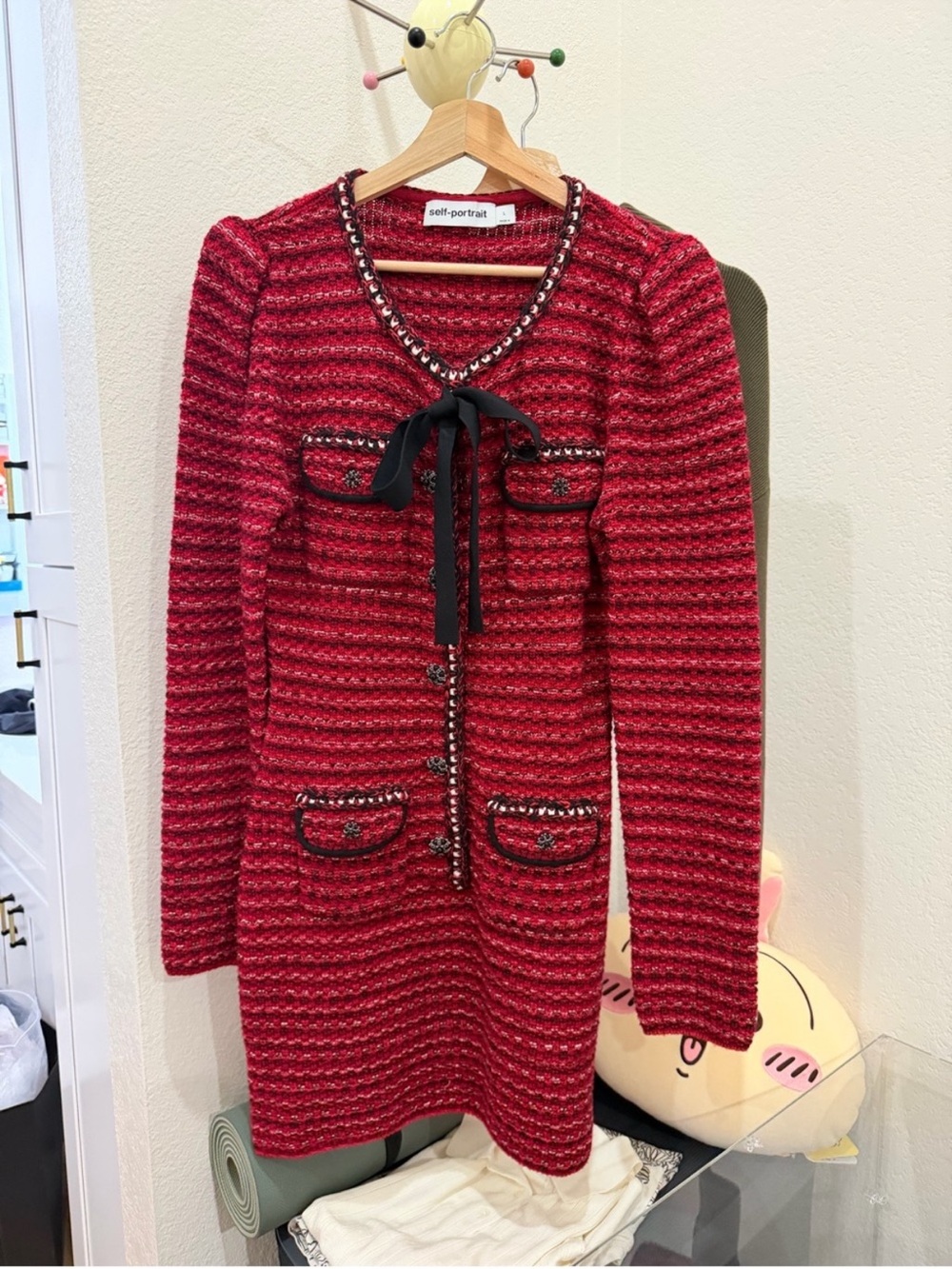 Self-Portrait Red Tweed Wool Long-Sleeve Mini Dress with Black Bow - Picture 2 of 6